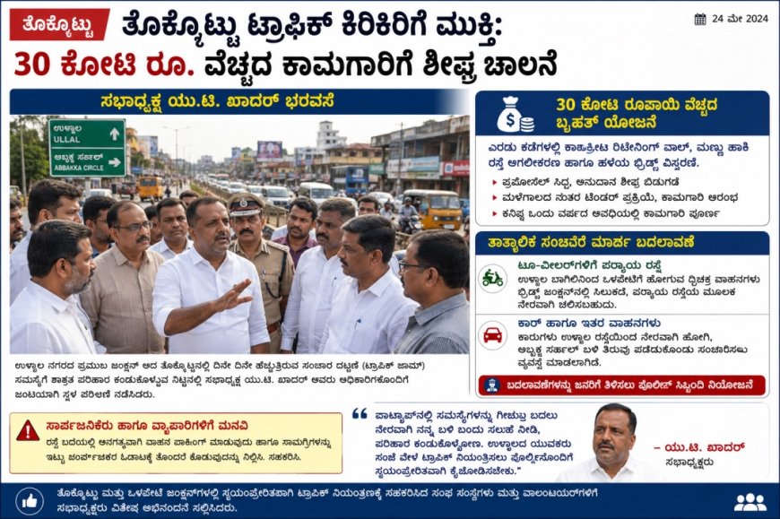 ತೊಕ್ಕೊಟ್ಟು ಟ್ರಾಫಿಕ್ ಕಿರಿಕಿರಿಗೆ ಮುಕ್ತಿ: 30 ಕೋಟಿ ರೂ. ವೆಚ್ಚದ ಕಾಮಗಾರಿಗೆ ಶೀಘ್ರ ಚಾಲನೆ - ಸಭಾಧ್ಯಕ್ಷ ಯು.ಟಿ. ಖಾದರ್ ಭರವಸೆ